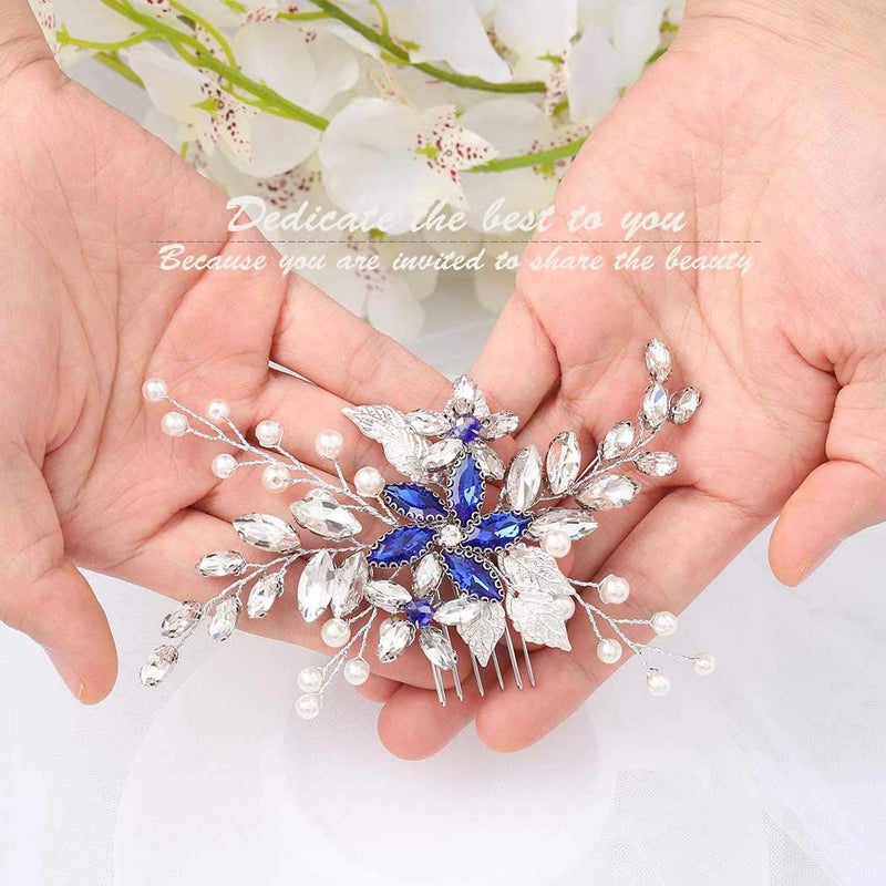 Olbye Wedding Hair Comb Blue Rhinestone Bridal Hair Accessories for Bride and Bridesmaids Wedding Hair Piece Silver - Image 5